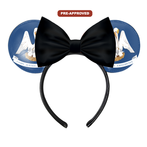 Diadema de vinilo personalizada de fábrica - Orejas de ratón con lazo hechas a medida, diseño preaprobado con la bandera de Louisiana (ajuste universal) - Product Image 1