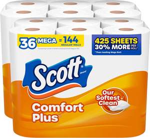 Papel higiénico Scott ComfortPlus, 36 rollos mega (2 paquetes de 18), 425 hojas por rollo, apto para fosas sépticas, papel higiénico de 2 capas - Product Image 1