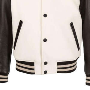Veste varsity noire crème pour homme, manches en cuir, col rabattu, style décontracté, coupe classique, vêtement d'automne - Product Image 4