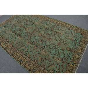 Vintage 5.6 X 8.9ft Turkish <b>Rug</b> Green Beige Wool <b>Flat</b> Weave with Patchwork Design Aubusson Style for Living Room Decorations - Product Image 4