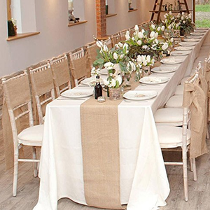 Camino de Mesa Rústico de Encaje Tejido con Flores y Arpillera para Decoración de Bodas, Hogar y Hotel - Azul Polvoriento Directo de Fábrica - Product Image 1