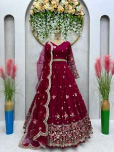 Colección de Bodas de tendencia Foux Georgette Lehenga Choli con Dupatta con encaje de cuatro lados Broder disponible a precio mayorista - Product Image 5