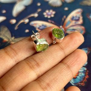 Sterling Silver Fine <b>Stud</b> <b>Earrings</b> Raw Peridot with 12-14 MM Natural Green <b>Crystal</b> August Birthstone Dainty Green Stone - Product Image 1
