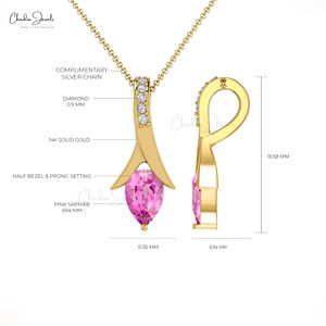Pendentif délicat en saphir rose taille poire 6x4 mm et diamants pavés en or massif 14 carats, collier personnalisé pour femmes - Product Image 4