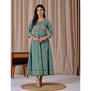 Vestido de Algodón Estampado Butta Block, Azul Marino, Largo hasta la Rodilla, Diseño Personalizado, Transpirable, Casual, Elegante, con Botones, Tallas XS, S, M, L, XL, 5XL, para el Día - Product Image 3