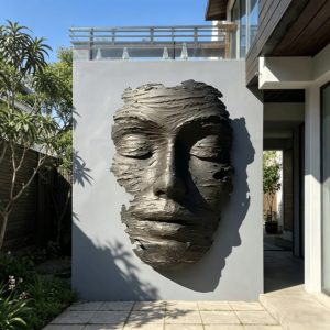 Escultura de Pared Abstracta con Textura de Bronce, Rostro Humano, Máscara Meditativa Gigante, Arte de Pared para Villas de Lujo, Decoración de Espacios Comerciales - Product Image 1