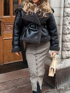 New Arrival Winter Long Sleeve Turn-down <b>Collar</b> Fur Jacket with <b>Lace</b>-up Closure and Knitted Fabric for Women - Product Image 2