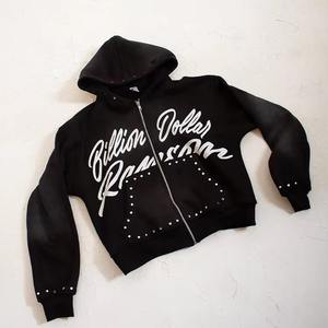 Chándal de algodón pesado con cremallera, estampado de pantalla personalizado, sudadera con capucha y pantalones de chándal informales para hombre, conjunto 2025 - Product Image 1