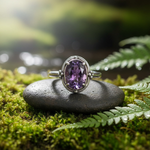 Anillo de Plata de Ley con Amatista Natural, Hecho a Mano, Minimalista, Delicado, con Gema Ovalada, Regalo de Boda para Ella - Product Image 4
