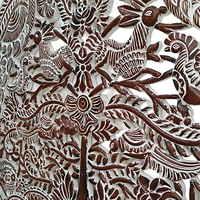 Tête de lit artisanale Smart Art en bois sculpté, motif Paon Reine, éclairée et réglable en hauteur, finition blanchie à la chaux, en bois d'ingénierie à motifs floraux