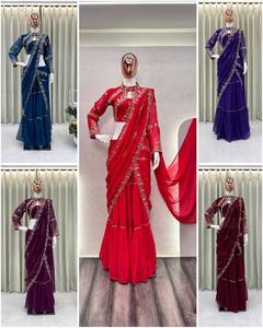 Sari Bollywood, Blouse, Vêtements indiens, Tenue de soirée, Robe de mariée, Designer, Travail de miroir véritable, Haute qualité, Confortable, Faux Georgette, Entièrement - Product Image 6