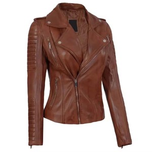 Women's Brown Genuine Leather Hooded <b>Biker</b> <b>Jacket</b> With Zipper Closure Full Sleeve Motorcycle Style Autumn Wear - Product Image 4