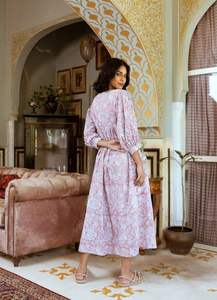 Elegant <b>Blush</b> Pink Floral Midi Dress for Women crafted in soft breathable cotton with a graceful all over floral print Dress - Product Image 4
