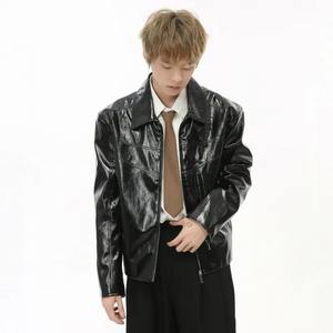 American Style Bright Surface Men's Genuine Leather Canvas Jacket Zipper Waterproof Breathable Fashion Casual Winter Solid Color - Product Image 2