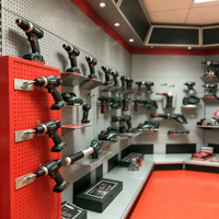 Étagère de présentation d'outils électriques en métal sur mesure pour magasin de détail, salle d'exposition de quincaillerie avec éclairage