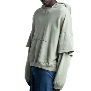 Vente en gros de quantité minimale de commande bas d'usine de pulls à capuche délavés à l'acide à manches doubles pour hommes de meilleure qualité design de pulls à capuche pour hommes surdimensionnés Boxy amples - Product Image 5