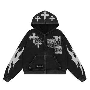 Sweat à capuche pour homme, style streetwear, coupe ample et carrée, en maille épaisse, délavé à l'acide, effet vieilli, avec fermeture éclair, orné de strass et de diamants, style vintage, pour l'été - Product Image 4