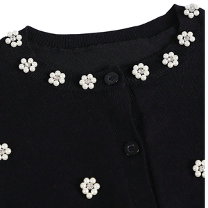 Women's Winter Pearl Embellished Floral Print Knit <b>Cardigan</b> <b>Sweater</b> Long Sleeve Button Front Neck Elegant Casual Daily Wear - Product Image 3