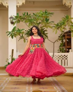 2024 été nouvelle mode filles longue grande taille col rond Foux georgette bandhni imprimer mariage plage formel parole longueur vêtements - Product Image 1