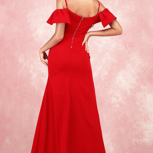 Elegante Vestido de Noche Rojo de Satén, Vestido de Fiesta Maxi Romántico con Cola de Capilla, Talla XS, Vestido Largo Decorado con Flores - Product Image 3