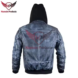 Chaqueta Bomber de Cuero Genuino Azul para Hombre, Abrigo de Piel de Vacuno con Lavado Desgastado, Cuello Alto, Ribete de Punto Acanalado, Clásica Personalizada, Cálida para Invierno - Product Image 3