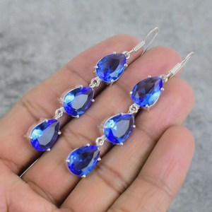 Boucles d'oreilles pendantes en Tanzanite faites à la main, bijoux en argent sterling 925, pierre de naissance de décembre, cadeau pour femme, élégantes - Product Image 4