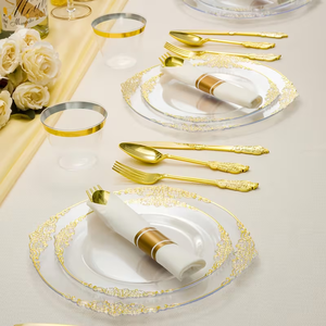 350 pièces de vaisselle en plastique pour événements et assiettes en plastique élégantes, ainsi que des assiettes en plastique pour repas formels, pour mariages et séminaires - Product Image 3