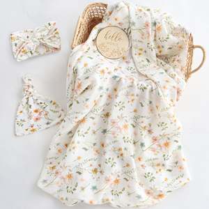 Ensemble de 4 pièces, couverture en mousseline 100% biologique, ensemble de lange floral avec chapeau assorti, nœud, annonce de naissance en bois, écologique, 200TC - Product Image 2