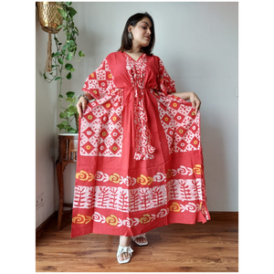 Caftán de Algodón Batik Hecho a Mano Personalizado - Vestido Largo Natural de Verano con Cuello en V y Lazo en la Cintura para Mujer, Revendedores de Boutique - Product Image 1