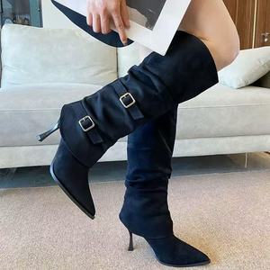 Stivali Alti da <span class=keywords><strong>Donna</strong></span> in Camoscio Plissettato con Tacco a Spillo Staccabile, Punta Affusolata, Stile Autunno-Inverno con Fodera in Rete - Product Image 3