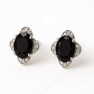 Black Onyx Floral <b>Silver</b> <b>Stud</b> <b>Earrings</b> CZ Halo Rhodium Plated Oval Prong Set Romantic Style Engagement Wedding Anniversary Party - Product Image 5