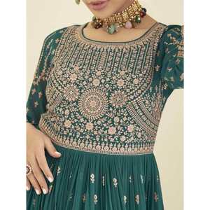 Ensemble de palazzo prêt-à-porter pour femmes en georgette vert sarcelle brodé, magnifique - Product Image 5