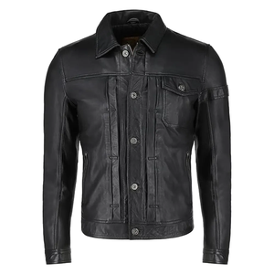 Veste de motard en cuir véritable noir pour homme, col rabattu, fermeture à boutons, coupe classique, style moto, vêtement d'automne - Product Image 5