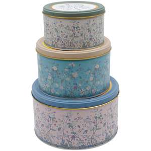 Round Metal <b>Canister</b> <b>Set</b> – Dia 215, Dia 175, Dia 140 mm (<b>Set</b> of 3) slip lid Floral Design Pastel Blue Botanica Design - Product Image 1