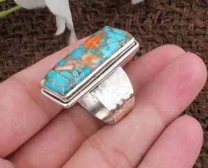 925 Sterling <b>Silver</b> <b>Ring</b> Rectangular Turquoise Inlay Unique Handmade Design <b>Statement</b> Unisex Wedding Jewelry Adjustable Size - Product Image 2