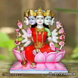 Mooie Hand Gegraveerde Kleurrijke Wit Marmer Mata Gayatri Zittend Op Lotus Mooie Beelden Hindu Religieus Beeldje Groothandel