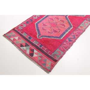 Turkish Vintage Rug 3.4x11.6 ft (104x353 cm), <b>Red</b> <b>Wool</b> Rug - Product Image 2