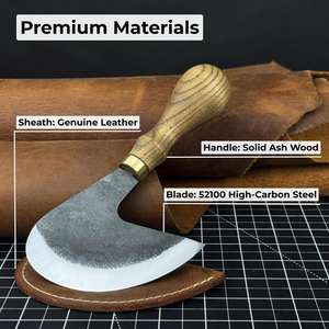 Cuchillo de media luna (cuchillo redondo) Hoja afilada Acero al carbono endurecido, mango de ceniza, con Funda de cuero Herramienta de corte de cuero - Product Image 6