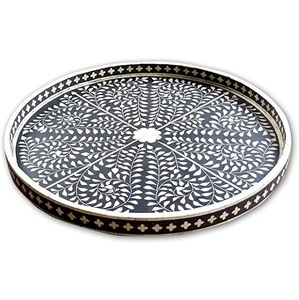 Bandeja Circular Floral con incrustaciones de hueso, producto en oferta, bandeja negra para servir alimentos, productos de cocina, bandeja para servir café y té - Product Image 2