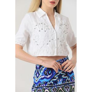 Blusa de Lino Brocado Crema TOPSHOW con Elegante Estampado de Hojas y Adornos de Cuentas para Mujer, Corte Casual, Estilo Veraniego - Product Image 4
