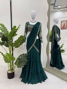 Nuevo Sari de Diseño en Color Rosa y Verde con Estilo de Volantes, Bordado de Georgette con Lentejuelas, Saris Indios para Bodas y Uso Diario - Product Image 5