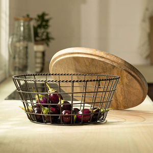 Kitchen Food <b>Storage</b> <b>Basket</b> with Wooden Lid Metal Container for Fruits and <b>Vegetables</b> Chopping Cutting board with metal <b>Basket</b> - Product Image 2