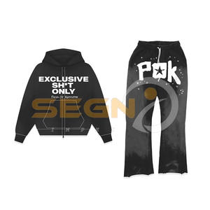 High Street French Terry Acid Wash Sudadera con capucha y pantalones acampanados Jogger Set Puff Printing Logo Etiquetas personalizadas Chándales para hombres - Product Image 4