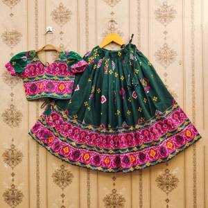 Shoryam Fashion Premium Trendy Dark Green Ethnic Print Girls 2-8 Years Floor-Length Polyester <b>Lehenga</b> Choli Party New Arrival - Product Image 1