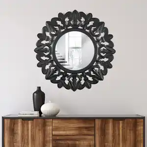 wooden luxury black heavy carving mirror round frame for home, restaurant & hotel wall decor