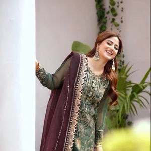 Designer Party Wear Faux Georgette Heavy Sequence Work & Thread Broderie Top Palazzo And Lace Border Cut Work Dupatta - Product Image 1