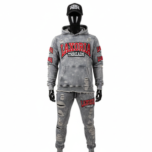 Conjunto de Sudadera con Capucha y Pantalones Deportivos Unisex, Grueso, con Bordado Desgastado, Cierre de Cremallera, Estilo Casual de Invierno - Product Image 3