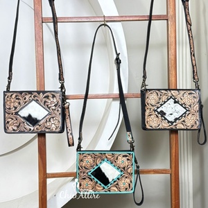 Western <b>Hand</b> Tooled Genuine Leather <b>Mini</b> Bag With Floral Carving Checkered Cowhide Leather Women Crossbody Sling Wristlet Purse - Product Image 1