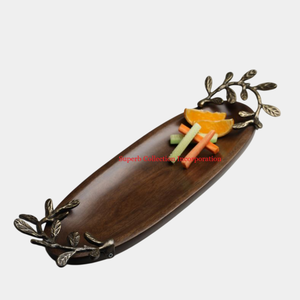Best Selling Antique Brass Aluminium Handmade Wooden Serving Tray Elongated <b>Light</b> Walnut Finish New Arrival Eco-Friendly <b>Leaf</b> - Product Image 1