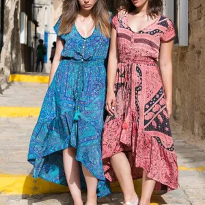 New Style Ladies Summer Casual Bohemian Dress Short Sleeve Max-Length A-Line Flowy Maxi Women Beach Dress From Suppliers